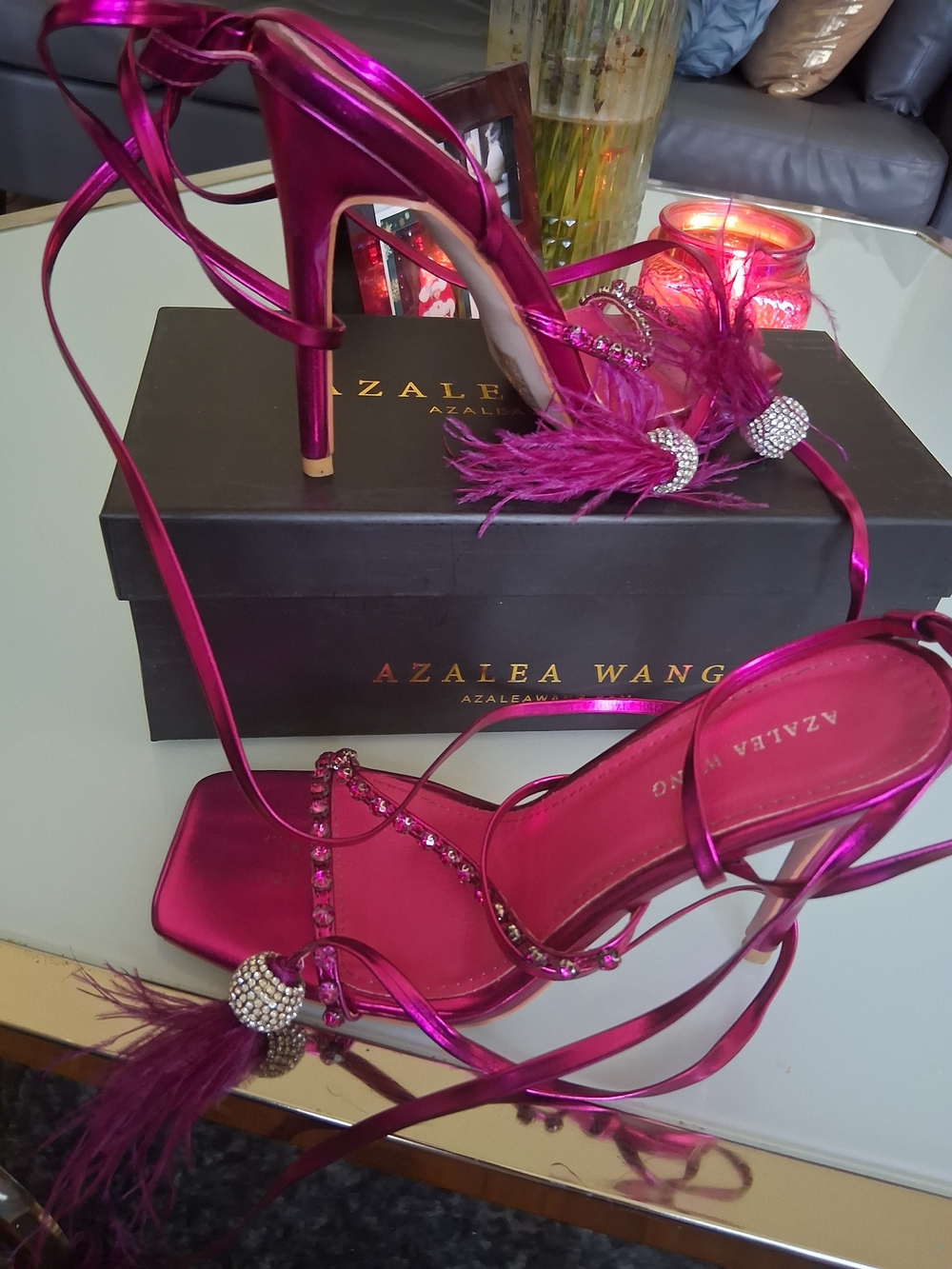 Azalea Wang Metallic Fuchsia Strappy Feather Heels